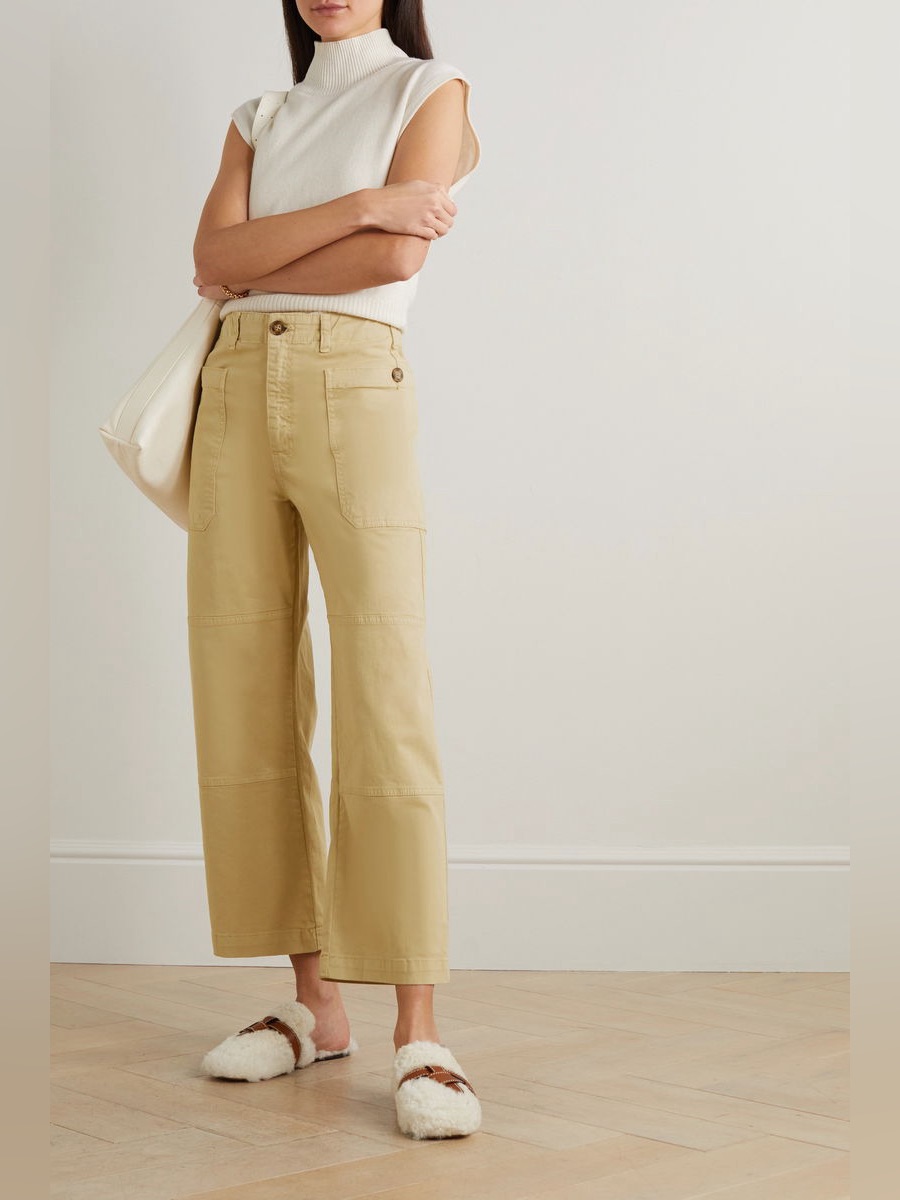Frame Paneled Cropped Cotton Blend Straight Leg Pants 32 High Rise Beige Tan